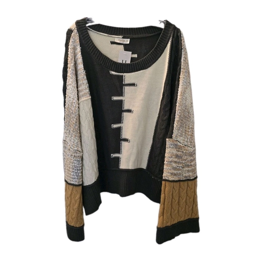 Mello Charcoal Multi Patterned Sweater Patchwork Slouchy Oversized Sz L NWT